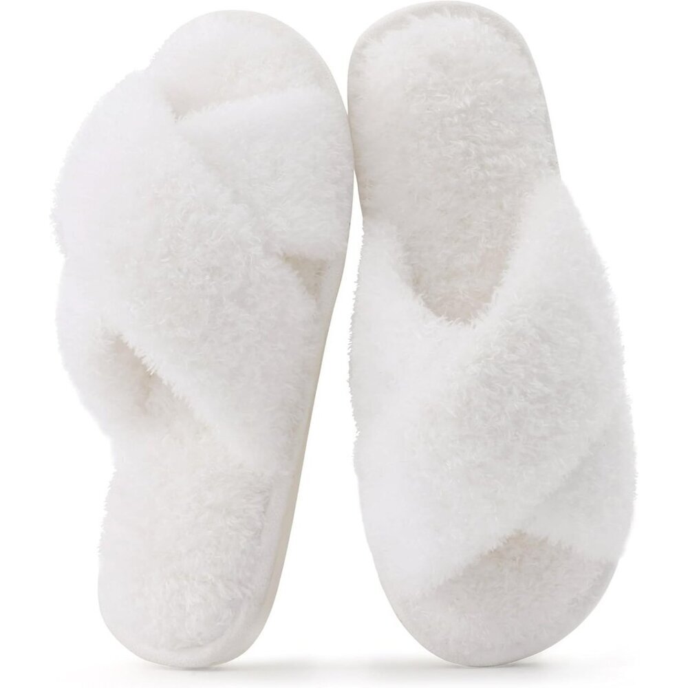 Women's White Fuzzy Cross Band Memory Foam Open-Toe House Slippers